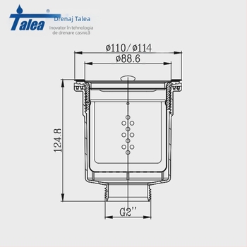 XK265 Drenaj bucătărie – Tip coș; Materiale: PP și SUS304; Construcție dublă din plastic și oțel; Diametru Ø110–114 mm