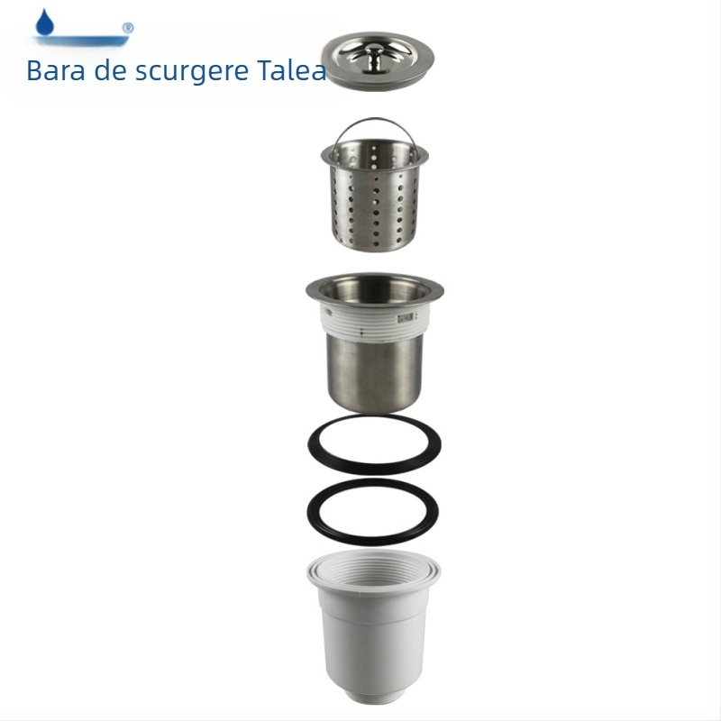 XK265 Drenaj bucătărie – Tip coș; Materiale: PP și SUS304; Construcție dublă din plastic și oțel; Diametru Ø110–114 mm