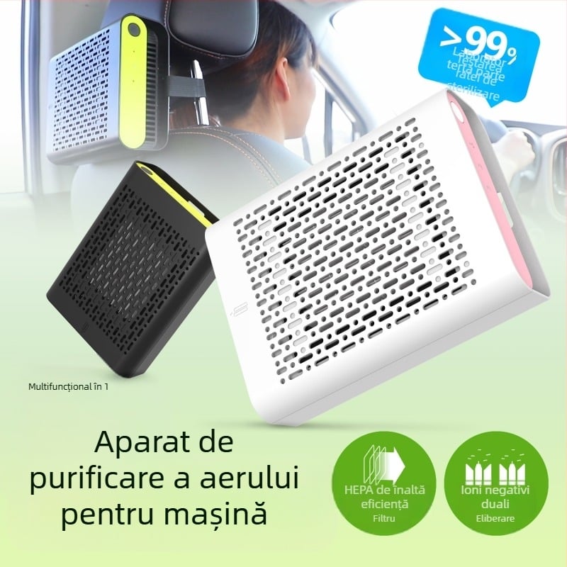 JO-6601 Purificator de aer pentru mașină cu filtru HEPA și ioni negativ dublu, PM2.5 și fumul, CADR 22 m3/h, 12–24 V, 2,8 W, 8 000 000 ioni/cm3