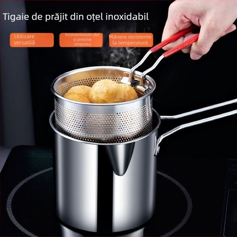 Vas de prăjit din oțel inoxidabil, multifuncțional, cu strecurătoare, design modern