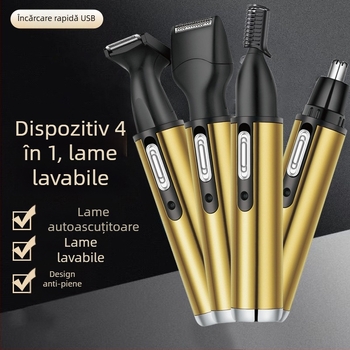 Dispozitiv de grooming 4 în 1, încărcabil, pentru tăierea părului nazal și ras, oțel inoxidabil, lamă lavabilă, baterie încorporată