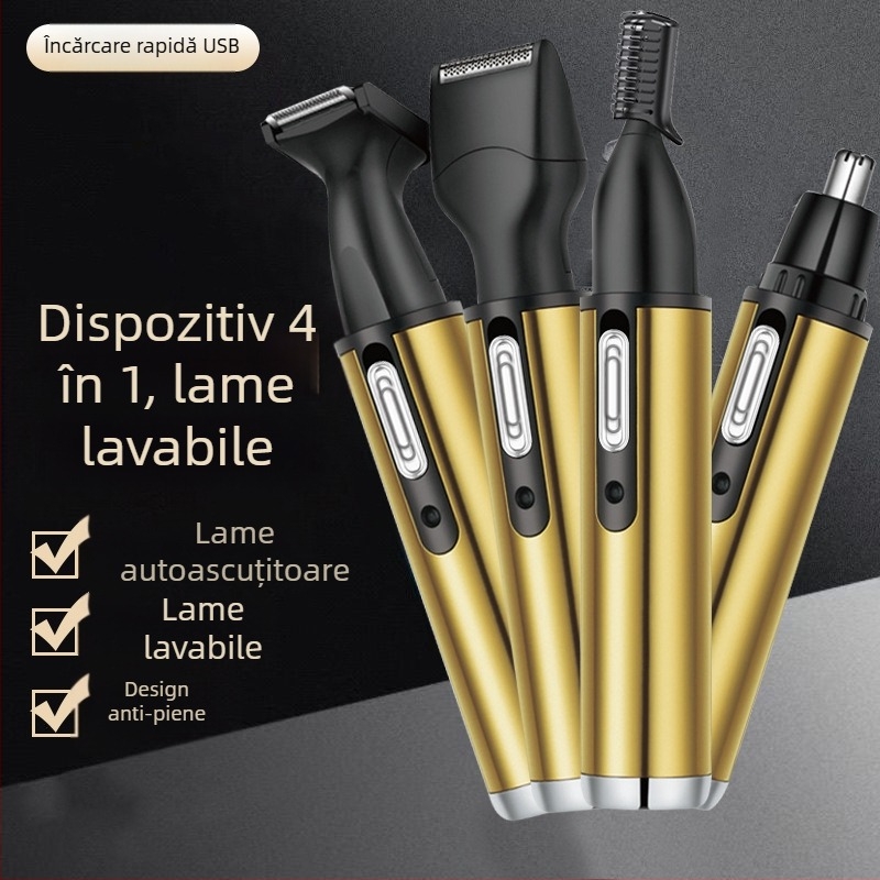 Dispozitiv de grooming 4 în 1, încărcabil, pentru tăierea părului nazal și ras, oțel inoxidabil, lamă lavabilă, baterie încorporată