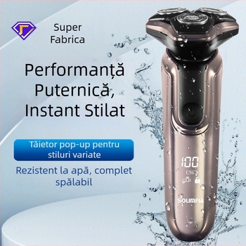 Aparat de ras electric cu afișaj LED, cap rotativ cu 3 lame, IPX7, încărcare USB, baterie încorporată de 500–800 mAh