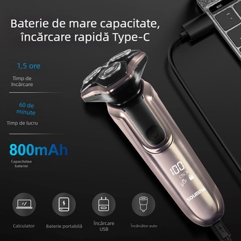 Aparat de ras electric cu afișaj LED, cap rotativ cu 3 lame, IPX7, încărcare USB, baterie încorporată de 500–800 mAh