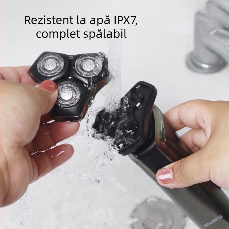 Aparat de ras electric cu afișaj LED, cap rotativ cu 3 lame, IPX7, încărcare USB, baterie încorporată de 500–800 mAh