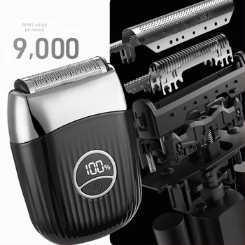 Aparat de ras electric cu cap reciproc cu o singură lamă, afișaj LED, cap plutitor și reglare a unghiului lamei; baterie încorporată 500–800 mAh, autonomie până la 120 de minute