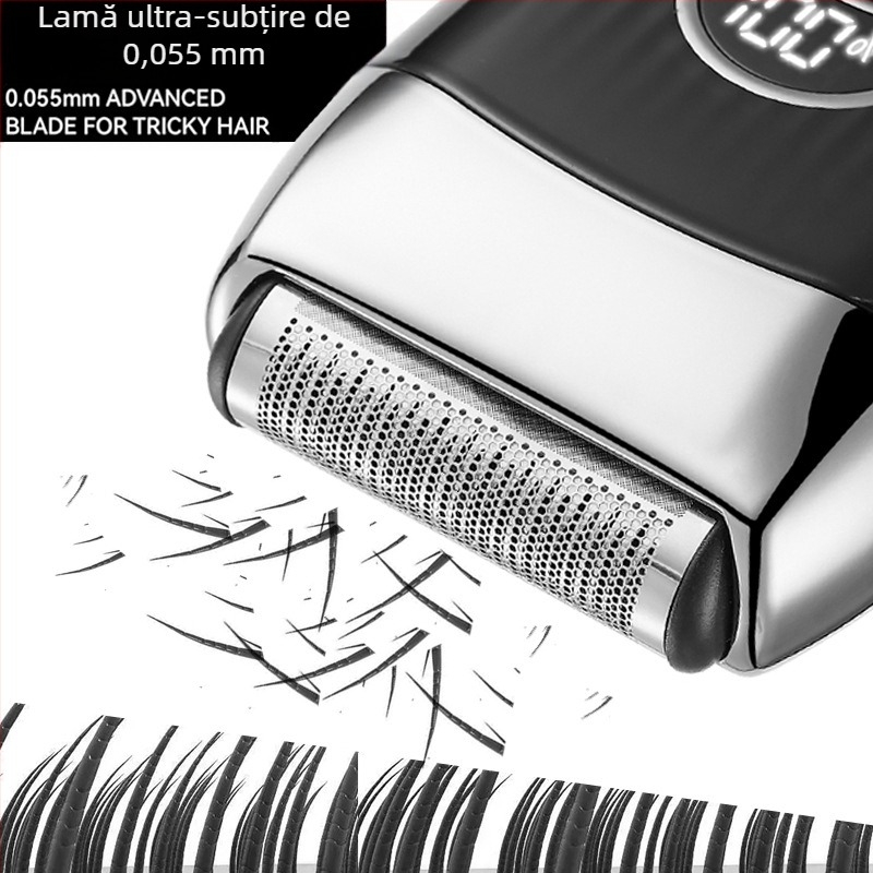 Aparat de ras electric cu cap reciproc cu o singură lamă, afișaj LED, cap plutitor și reglare a unghiului lamei; baterie încorporată 500–800 mAh, autonomie până la 120 de minute