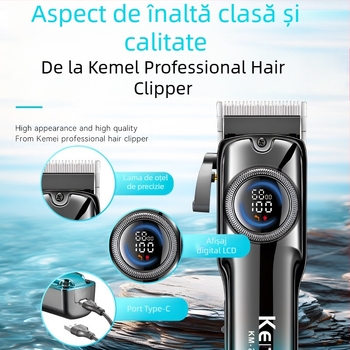 Mașină de tuns electrică KM-2279 cu afișaj LCD, baterie încorporată 500–800 mAh, autonomie 1–3 ore, lamă din oțel inoxidabil, impermeabilă