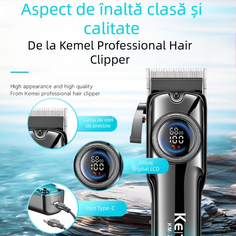 Mașină de tuns electrică KM-2279 cu afișaj LCD, baterie încorporată 500–800 mAh, autonomie 1–3 ore, lamă din oțel inoxidabil, impermeabilă