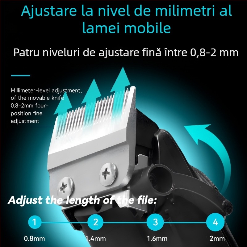 Mașină de tuns electrică KM-2279 cu afișaj LCD, baterie încorporată 500–800 mAh, autonomie 1–3 ore, lamă din oțel inoxidabil, impermeabilă