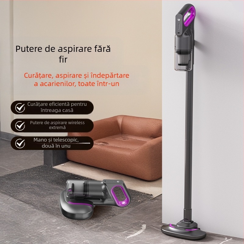 Aspirator fără fir pentru umezeala și uscat, cu perie pentru eliminarea acarienilor — 3100–4000 Pa aspirație, 80W, zgomot ≤36 dB, baterie încorporată