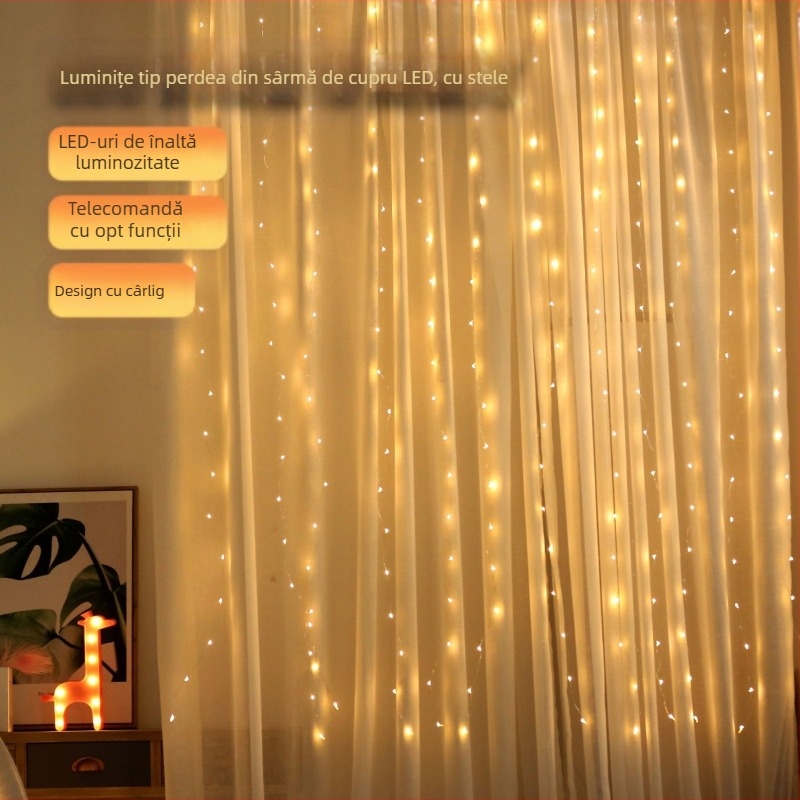 Lumini de perdea colorate pentru interior, 3×3 m, sârmă de cupru, alimentare USB, telecomandă cu opt funcții, iluminat decorativ de Crăciun pentru casă.