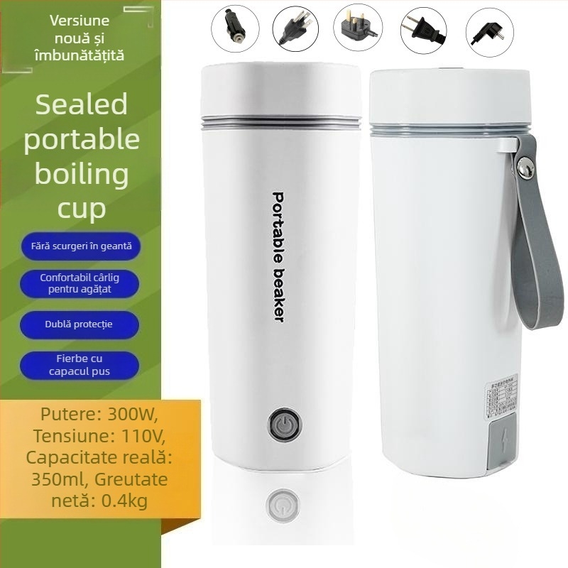 Cană electrică pentru ceai, 350 ml, tensiune duală 110V/220V, 300W, încălzire pe bază, interior din oțel inoxidabil 304