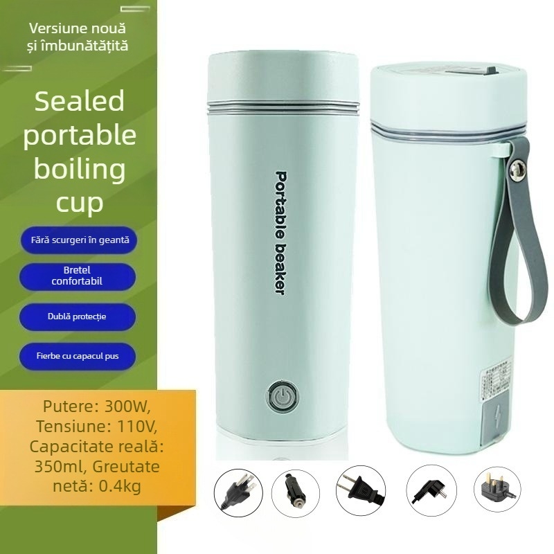 Cană electrică pentru ceai, 350 ml, tensiune duală 110V/220V, 300W, încălzire pe bază, interior din oțel inoxidabil 304