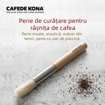 Perie pentru curățarea râșniței de cafea, cu mâner din lemn și piese din oțel inoxidabil