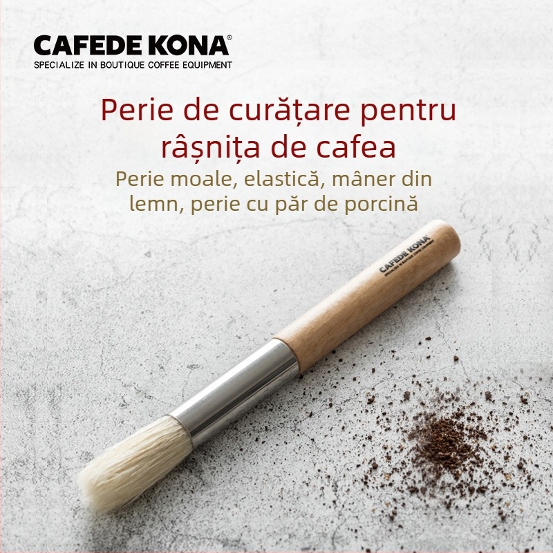 Perie pentru curățarea râșniței de cafea, cu mâner din lemn și piese din oțel inoxidabil