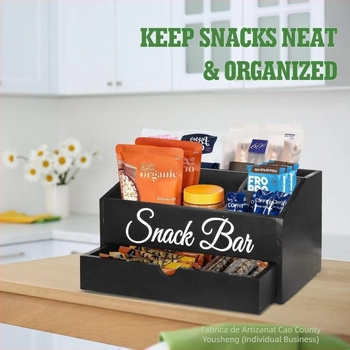 Cutie de depozitare din lemn pentru birou cu compartimente pentru băuturi și mâncare — suport portabil pentru cafea, capacitate personalizabilă