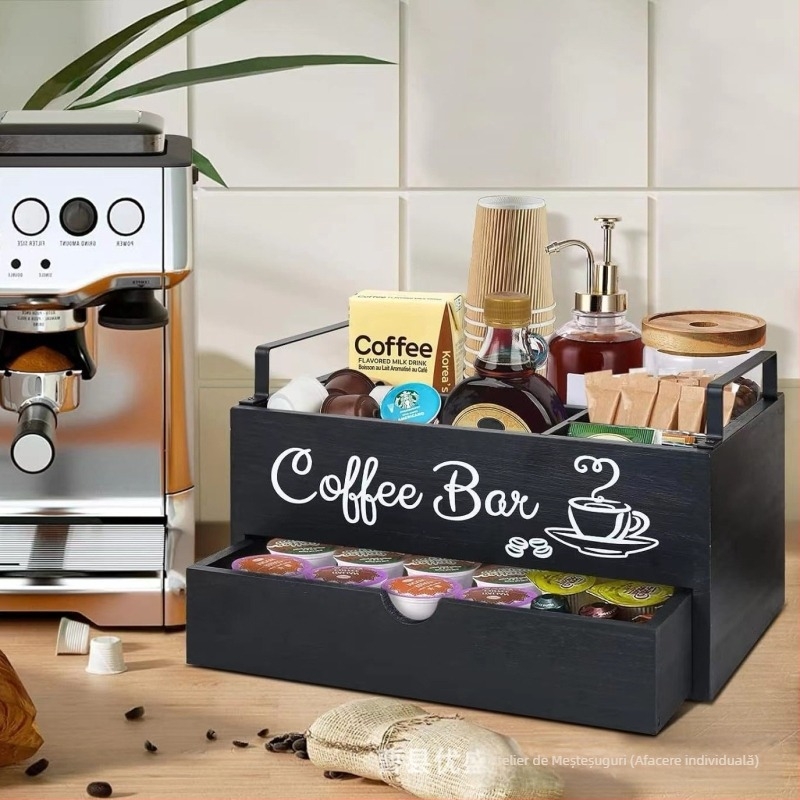 Cutie de depozitare din lemn pentru birou cu compartimente pentru băuturi și mâncare — suport portabil pentru cafea, capacitate personalizabilă