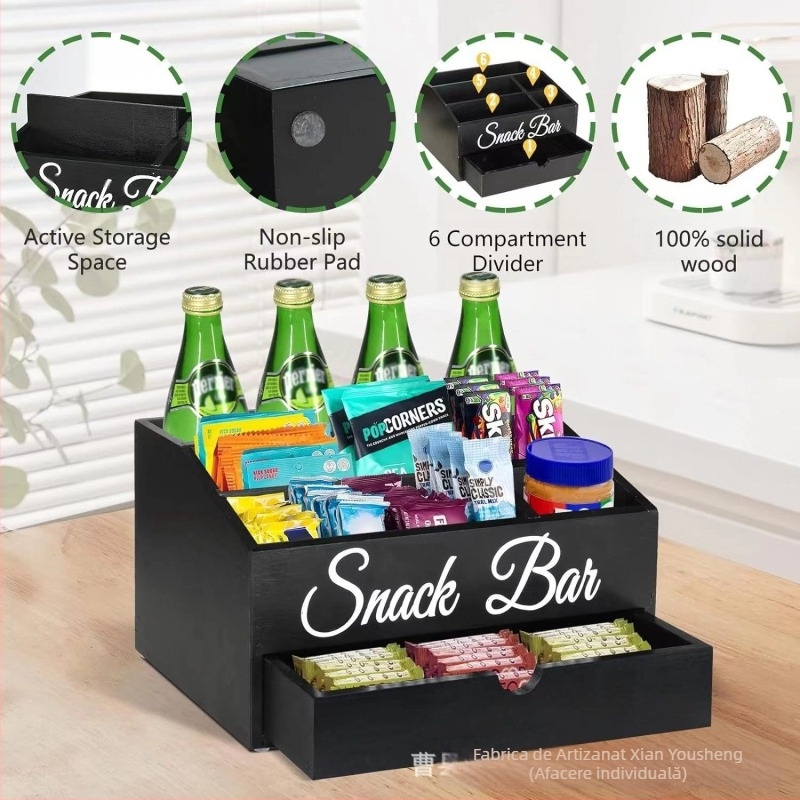 Cutie de depozitare din lemn pentru birou cu compartimente pentru băuturi și mâncare — suport portabil pentru cafea, capacitate personalizabilă