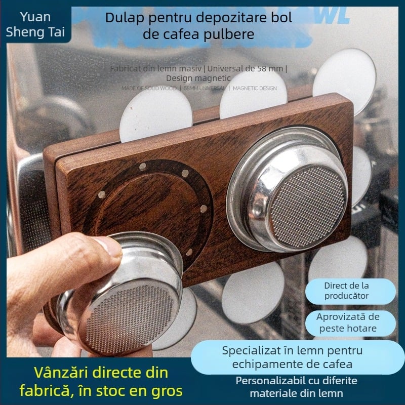 Placă de depozitare din lemn masiv pentru boluri de cafea pudră, stil retro, montaj magnetic pe perete
