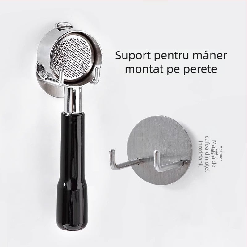 Suport montat pe perete din oțel inoxidabil pentru mânerile de la espressor și raft pentru tamper cu cârlige