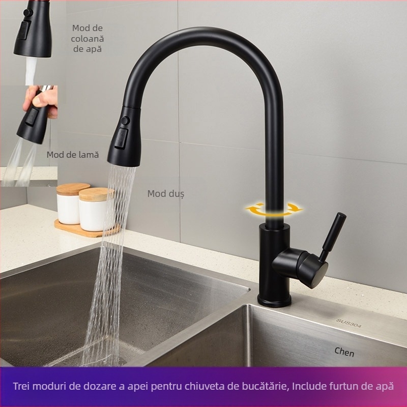 Robinet de bucătărie cu furtun retractabil și duză rotativă, corp din aliaj de cupru, nucleu ceramic al valvei, 0–90°C, 0,1–1,5 MPa, Intrare Ø11 mm