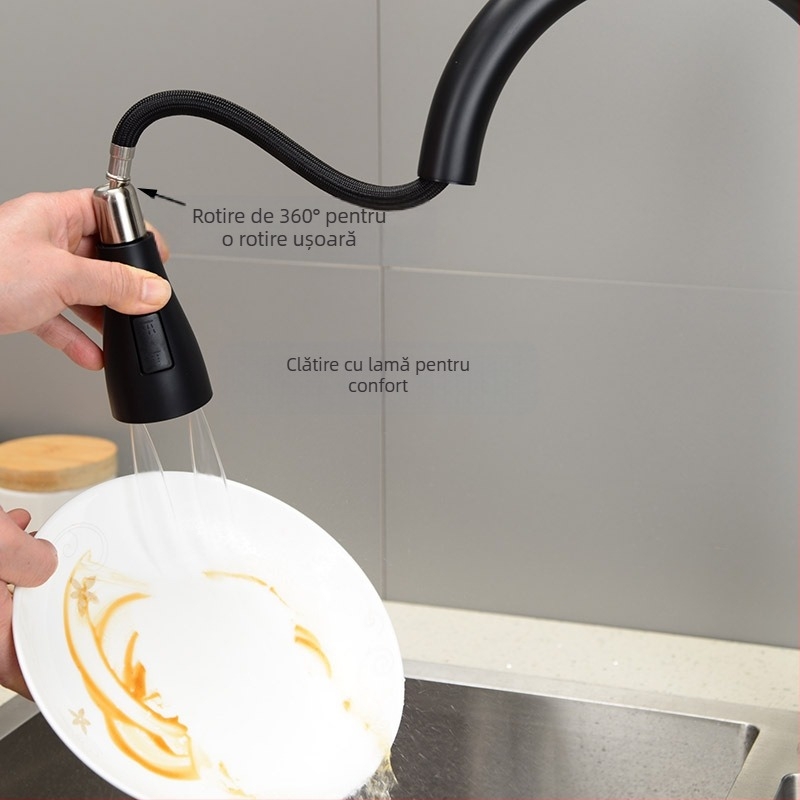 Robinet de bucătărie cu furtun retractabil și duză rotativă, corp din aliaj de cupru, nucleu ceramic al valvei, 0–90°C, 0,1–1,5 MPa, Intrare Ø11 mm