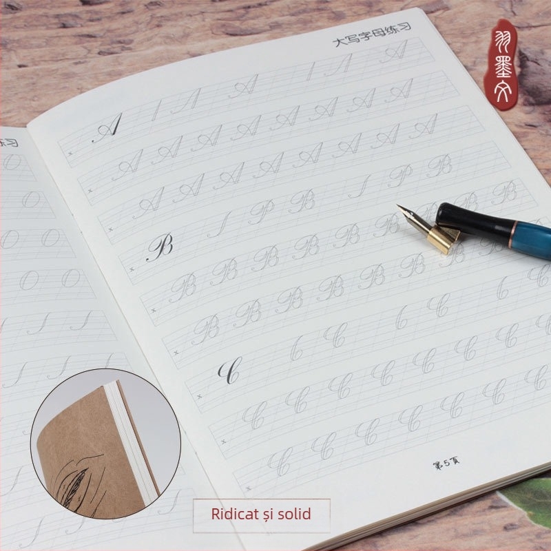 Caligrafie în limba engleză: caiet de practică pentru copiere cu linii rotunde și ordinea trăsăturilor, pentru începători, font decorativ, Yu Mowen