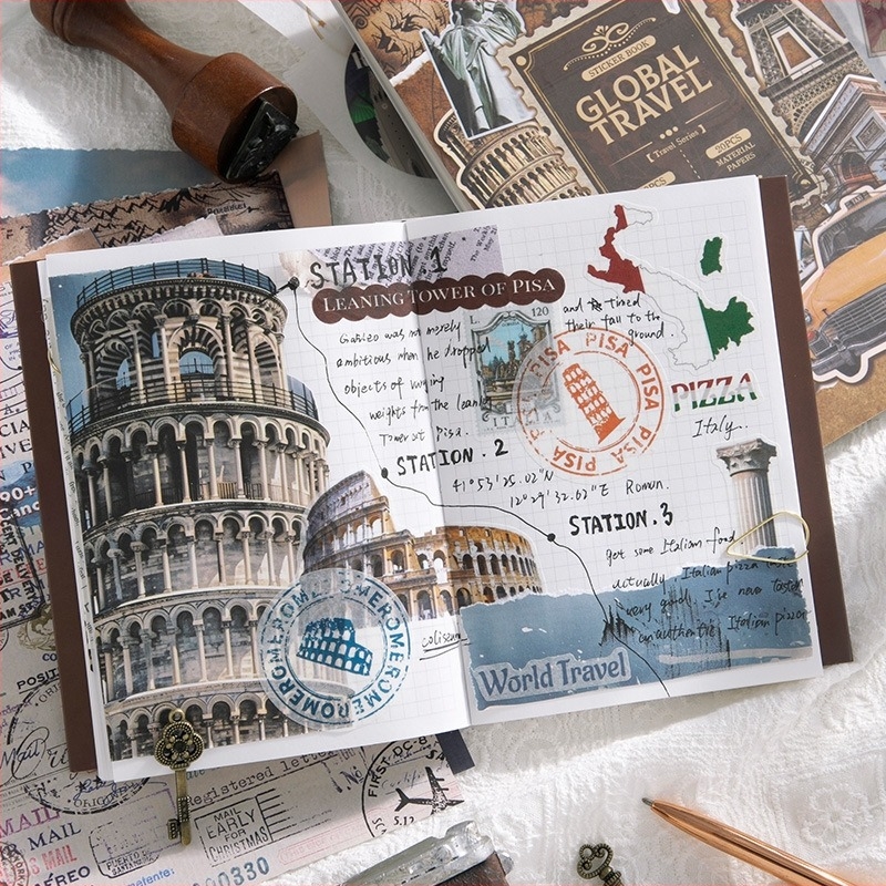 Set autocolante fundal pentru jurnal de călătorie în stil european vintage, 50 de bucăți, DIY colaj, tipărite