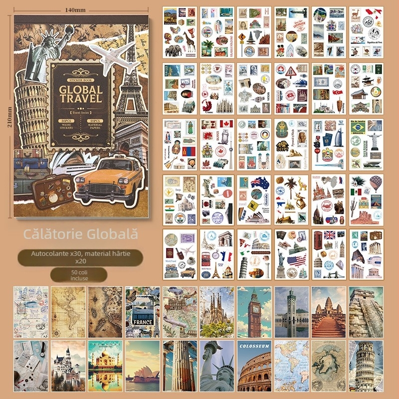 Set autocolante fundal pentru jurnal de călătorie în stil european vintage, 50 de bucăți, DIY colaj, tipărite