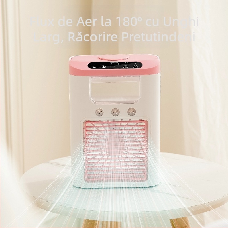 Ventilator de birou cu umidificator prin ceață, reîncărcabil, 3 moduri de pulverizare, 5 palete, silențios, alimentare USB