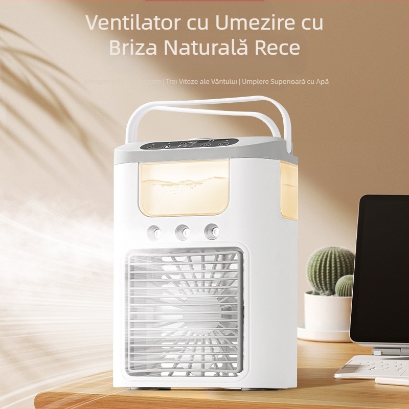 Ventilator de birou cu umidificator prin ceață, reîncărcabil, 3 moduri de pulverizare, 5 palete, silențios, alimentare USB