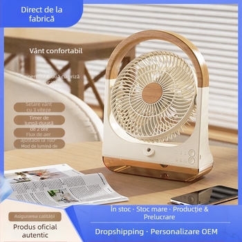 Ventilator de birou USB cu 5 palete, motor brushless, baterie încorporată 4000–6000 mAh, umidificator cu ceață de apă, 3 trepte de viteză