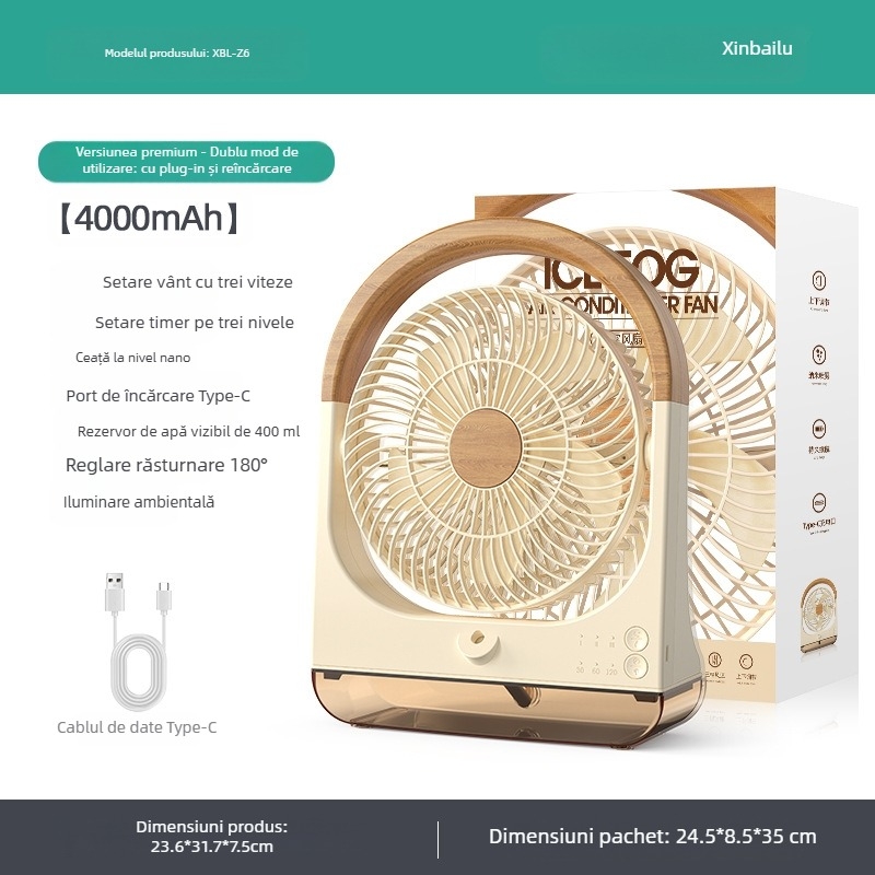 Ventilator de birou USB cu 5 palete, motor brushless, baterie încorporată 4000–6000 mAh, umidificator cu ceață de apă, 3 trepte de viteză