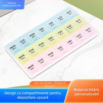 Cutie portabilă pentru medicamente din plastic, cu 21 compartimente, 3 secțiuni zilnice și capac clapetă