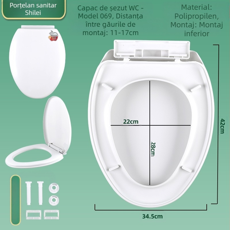Capac de toaletă universal - formă în V, grosime mărită, închidere lină, material PP, distanța dintre găuri reglabilă 11–17, modelul 069