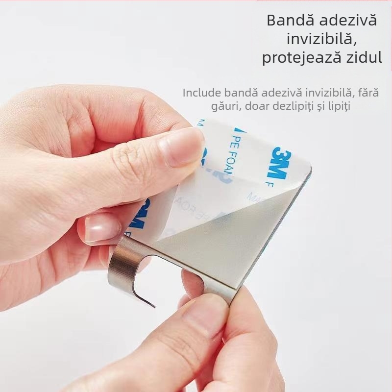 Cuier de baie din oțel inoxidabil, cu două cârlige, montaj fără găuri, suport pentru lama de ras și depozitare, sarcină 3 kg, design modern minimalist, Le Haijia