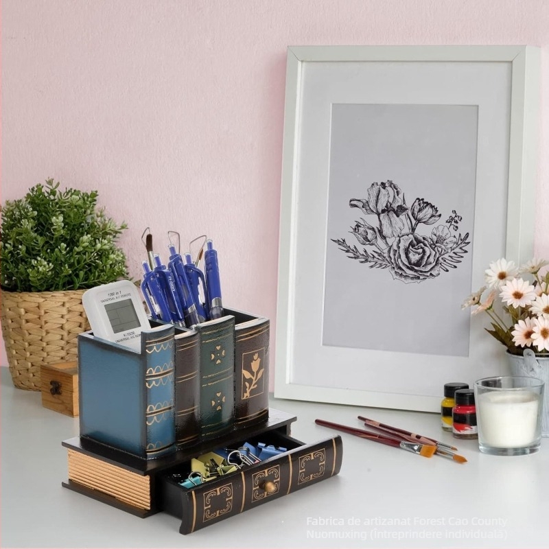 Cutie de depozitare din lemn pentru birou și suport pentru pixuri, design modern minimalist, logo imprimat, personalizare disponibilă