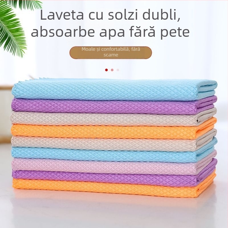 Cârpa de vase din microfibră cu model solzi de pește, absorbantă, utilizare dublă uscat și ud pentru curățarea suprafețelor de sticlă.