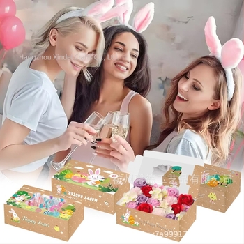 HZ042 Cutie cadou Paște cu iepuraș, ou și pui cu fereastră – ambalaj cadou, carton 250 g, Xin Delie