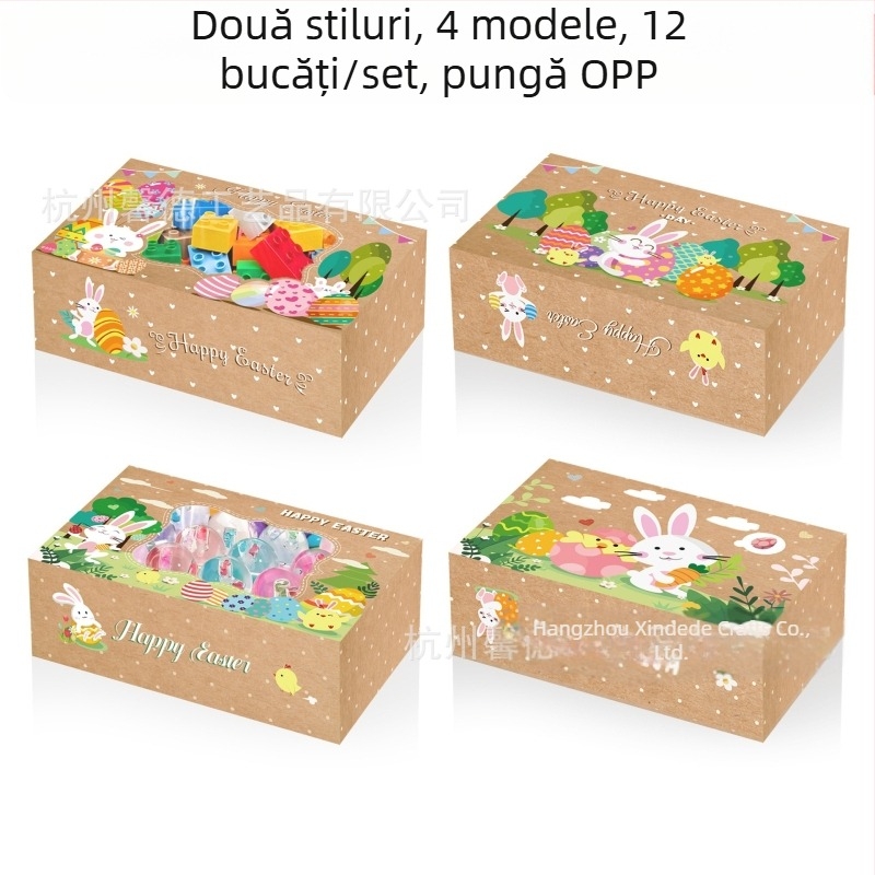 HZ042 Cutie cadou Paște cu iepuraș, ou și pui cu fereastră – ambalaj cadou, carton 250 g, Xin Delie