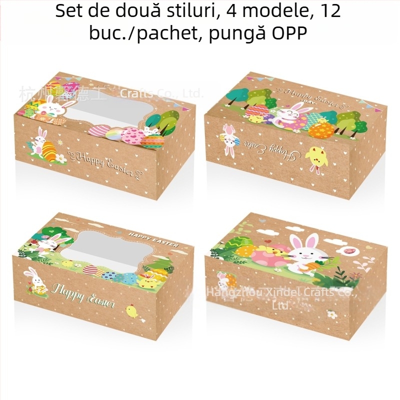 HZ042 Cutie cadou Paște cu iepuraș, ou și pui cu fereastră – ambalaj cadou, carton 250 g, Xin Delie