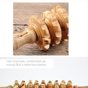 Role masaj din lemn cu nouă roți pentru întreg corpul, control mecanic, viteză variabilă, 1 cap convex rotund de masaj, pentru gât, spate, talie, picioare, fese și tălpi