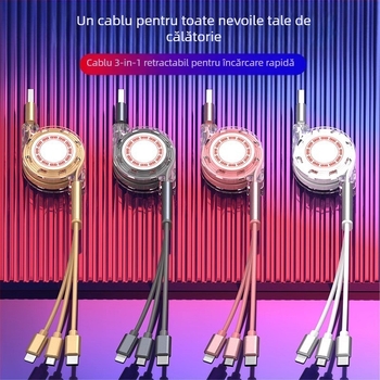 Cablu de date retractabil din silicon cu trei conectori: Mini USB, Lightning și Type-C – ieșiri 1–3, încărcare rapidă.