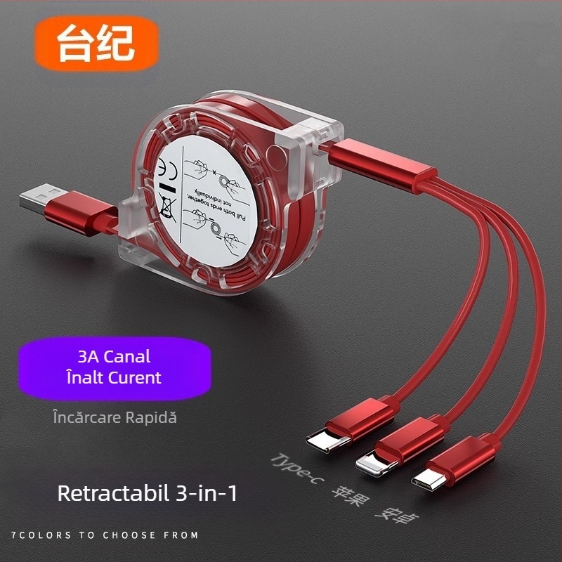 Cablu de date retractabil din silicon cu trei conectori: Mini USB, Lightning și Type-C – ieșiri 1–3, încărcare rapidă.