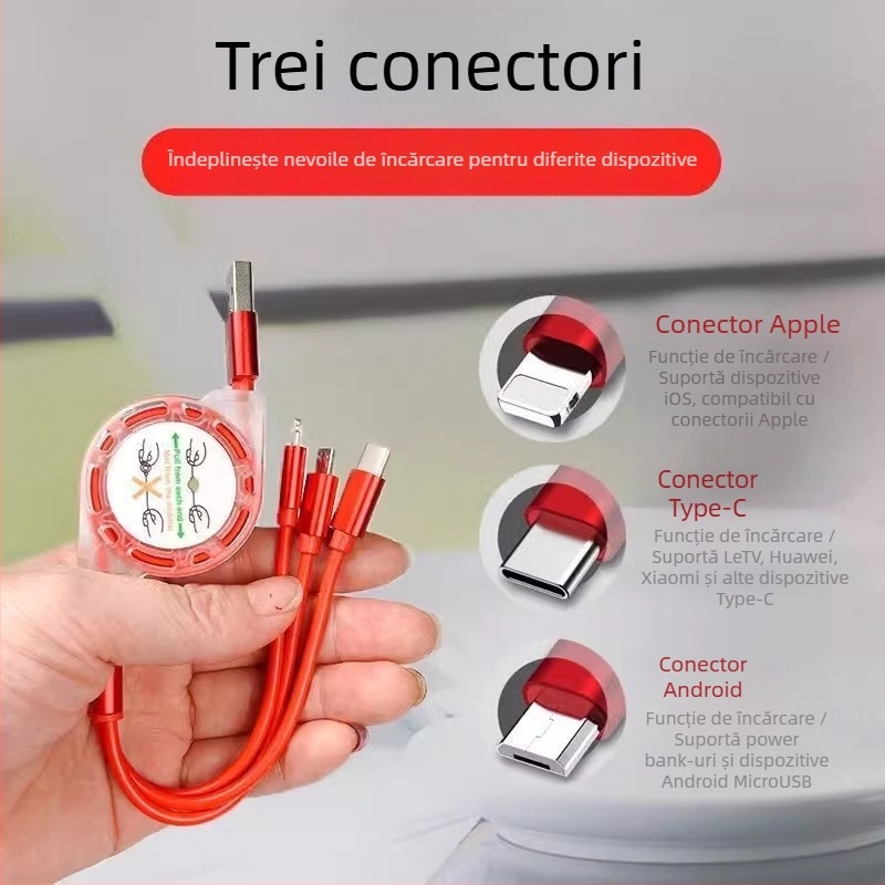 Cablu de date retractabil din silicon cu trei conectori: Mini USB, Lightning și Type-C – ieșiri 1–3, încărcare rapidă.