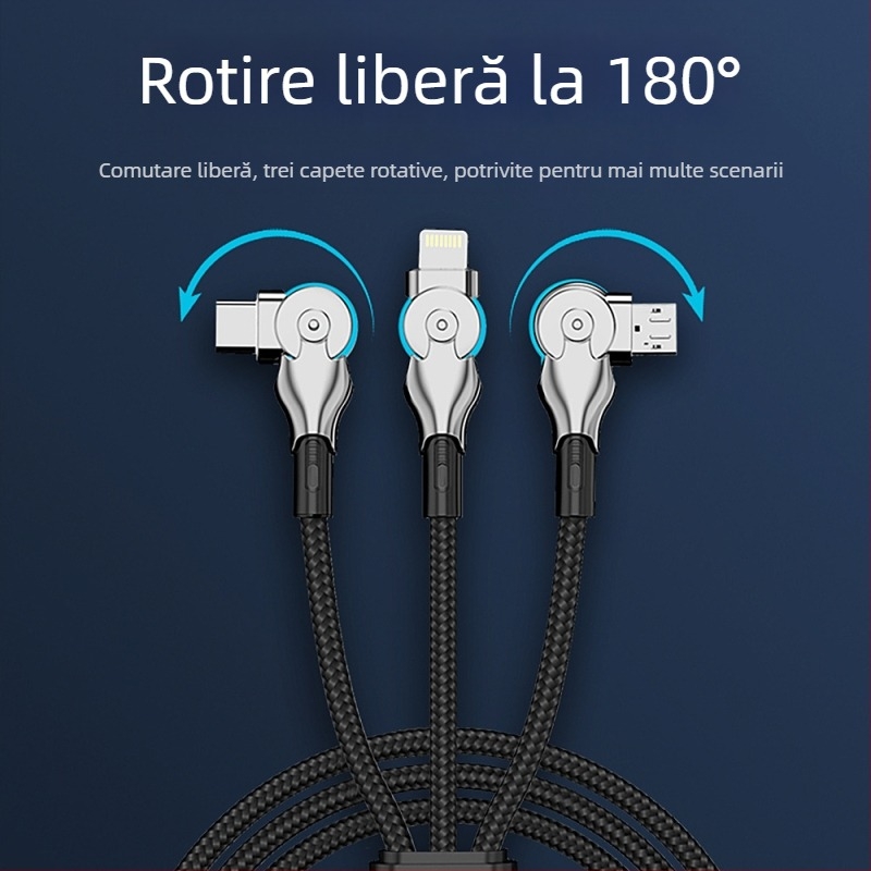Cablu de date 3 în 1 cu conectori Lightning, USB-C și Micro-USB — cablu împletit pentru încărcare rapidă