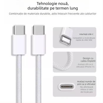 Cablu USB-C țesut, USB-C la USB-C, 0,3–2,5 m, 100W max, încărcare rapidă