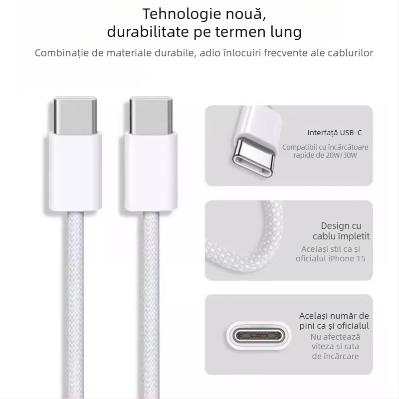 Cablu USB-C țesut, USB-C la USB-C, 0,3–2,5 m, 100W max, încărcare rapidă