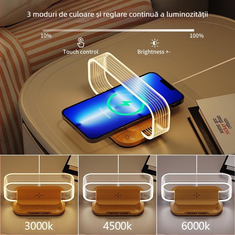 Manjia wr06c Lampa acrilică de noapte pentru noptiere, control vocal inteligent, încărcare rapidă fără fir – stil modern minimalist, certificat CE